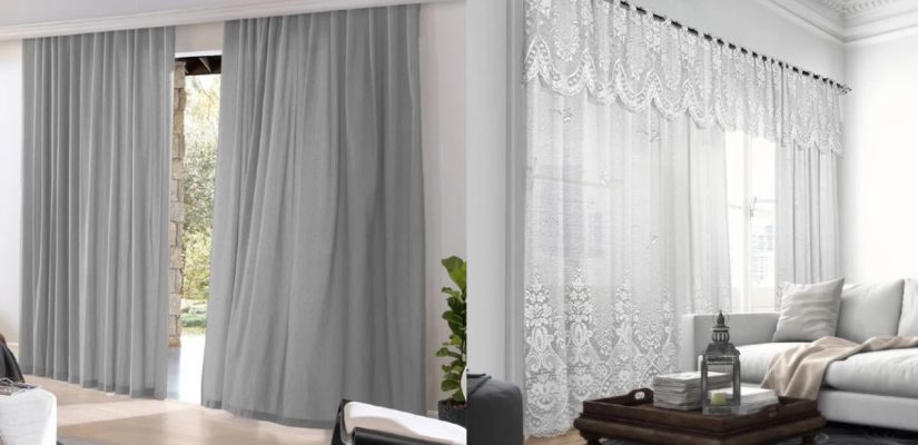 A imagem mostra doies tipo de cortinas, uma delas é uma cortina de trilho e a outra é uma cortina para sala.